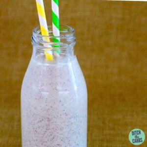 A close up of a bottle with a protein shake