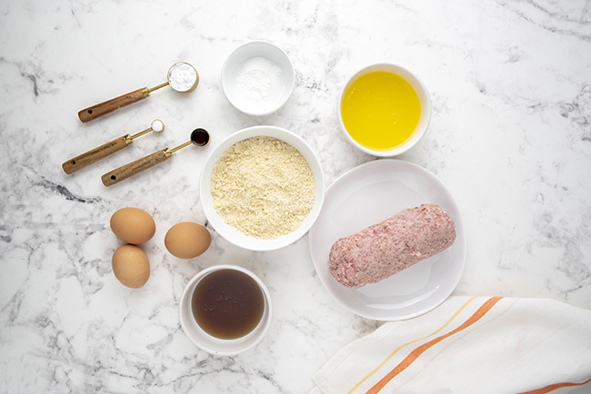 ingredients for keto breakfast casserole - sausage, egg, almond flour, butter