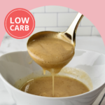 Smother your turkey in keto turkey gravy. It's thickened with xanthan gum and flavored with turkey drippings and aromatic spices.