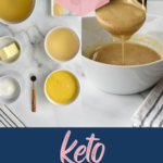 Smother your turkey in keto turkey gravy. It's thickened with xanthan gum and flavored with turkey drippings and aromatic spices.