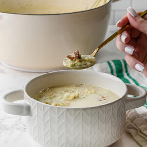 Cozy up with a steamy bowl of low-carb clam chowder. Topped with crispy bacon, this is the ultimate cold weather comfort food!