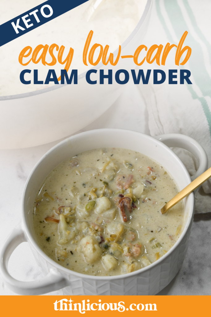 Cozy up with a steamy bowl of low-carb clam chowder. Topped with crispy bacon, this is the ultimate cold weather comfort food! 